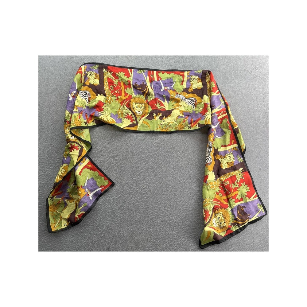 Vintage Jungle Safari Animal Print Oblong Scarf Lion Elephant Giraffe Multi